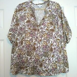 J. Jill Short Sleeve Pop Over Blouse 2X Paisley White Purple